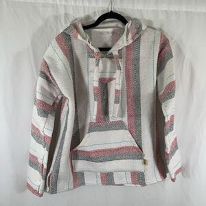 Molina Poncho Jacket Unisex Medium White Striped Mexican Blanket Pockets